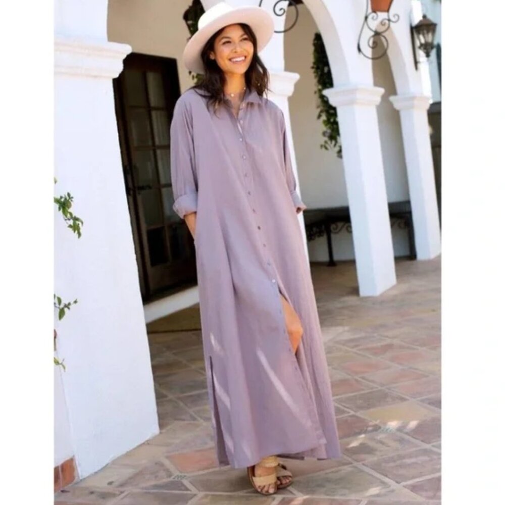 Natural Life Drew Shirt Dress Long Sleeve Maxi Cotton Button Front XS/S Purple